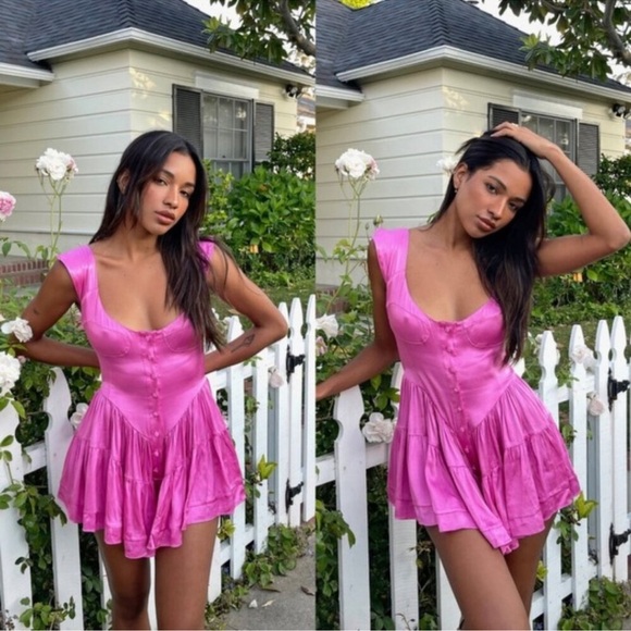 Vanessa Mooney The Elisabeth Romper Dress Hot Pink Satin - Picture 1 of 15